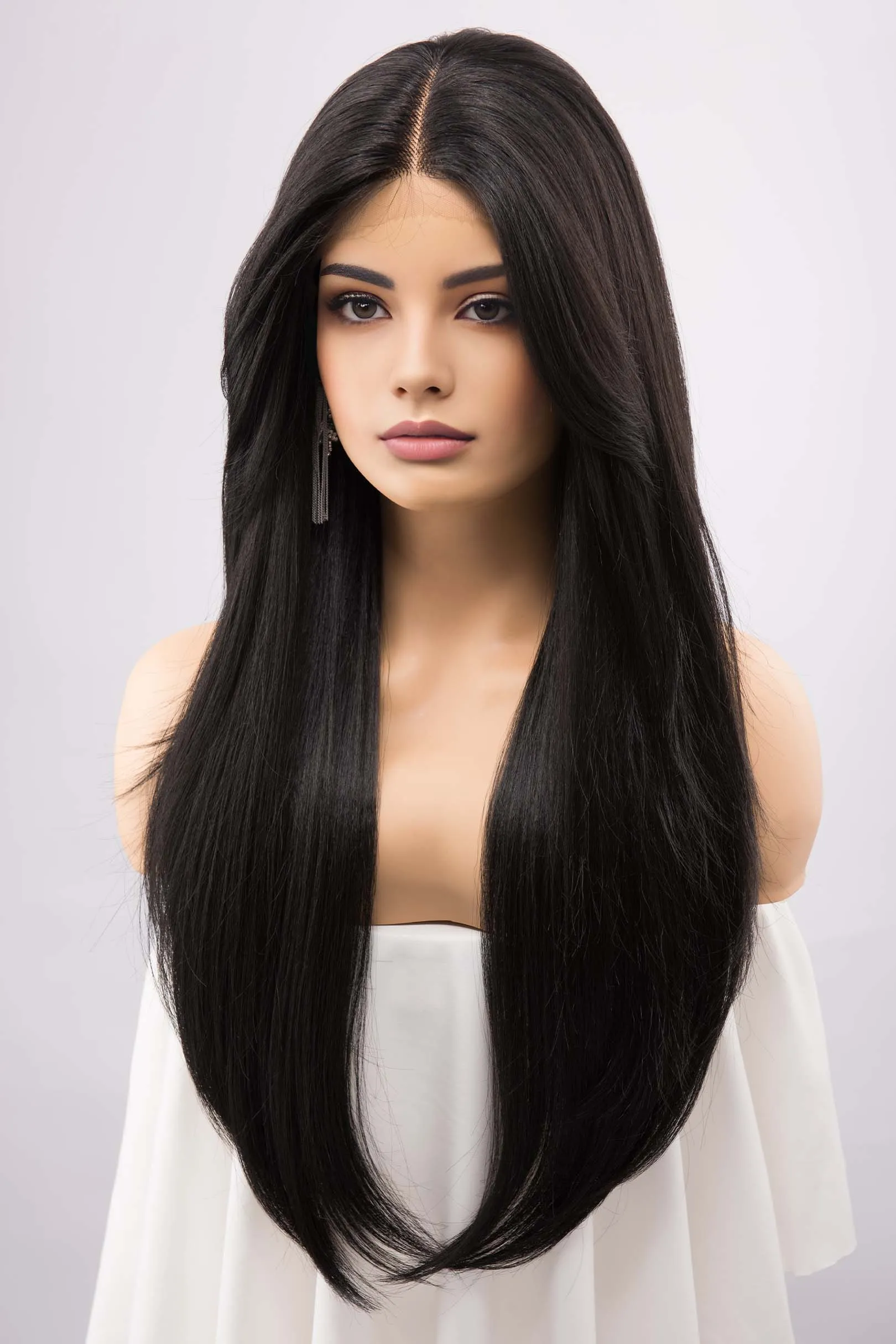 Jet Black Straight Lace Front Synthetic Wig with Curtain Bangs Melody sold by Her Wig Closet product image thumbnail 4