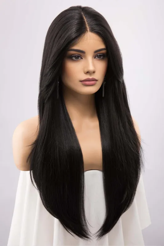 Natural Black Straight Lace Front Wig with two Side Bangs Melody sold by Her Wig Closet