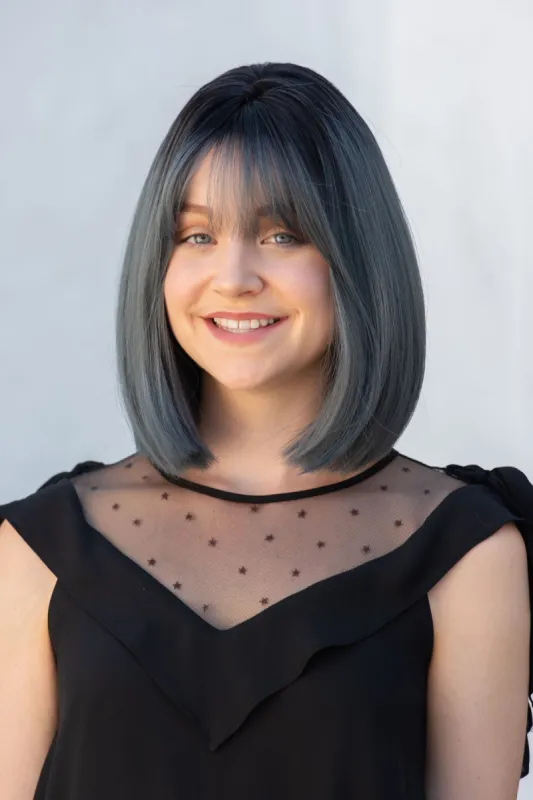 Ash Blue Ombre Straight Synthetic Bob Wig with Bangs Gracie sold by Her Wig Closet