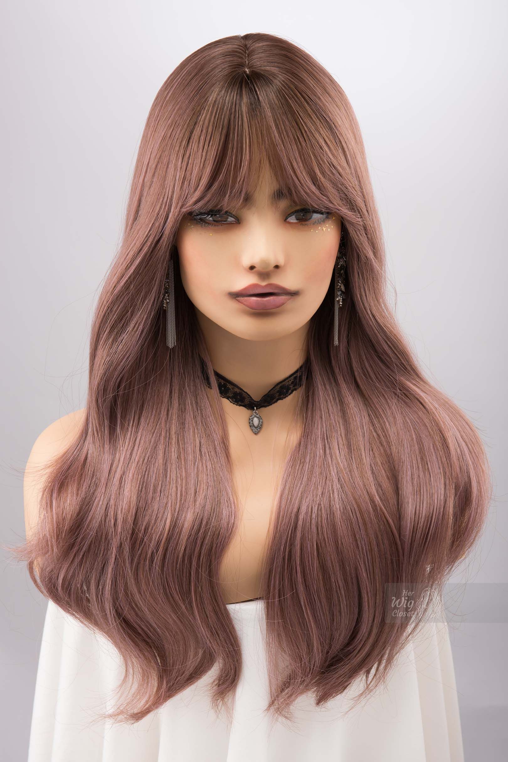 Dusty Pink Smokey Blush Pink Wig with Bangs Synthetic Wig Rora sold by Her Wig Closet product image thumbnail 3