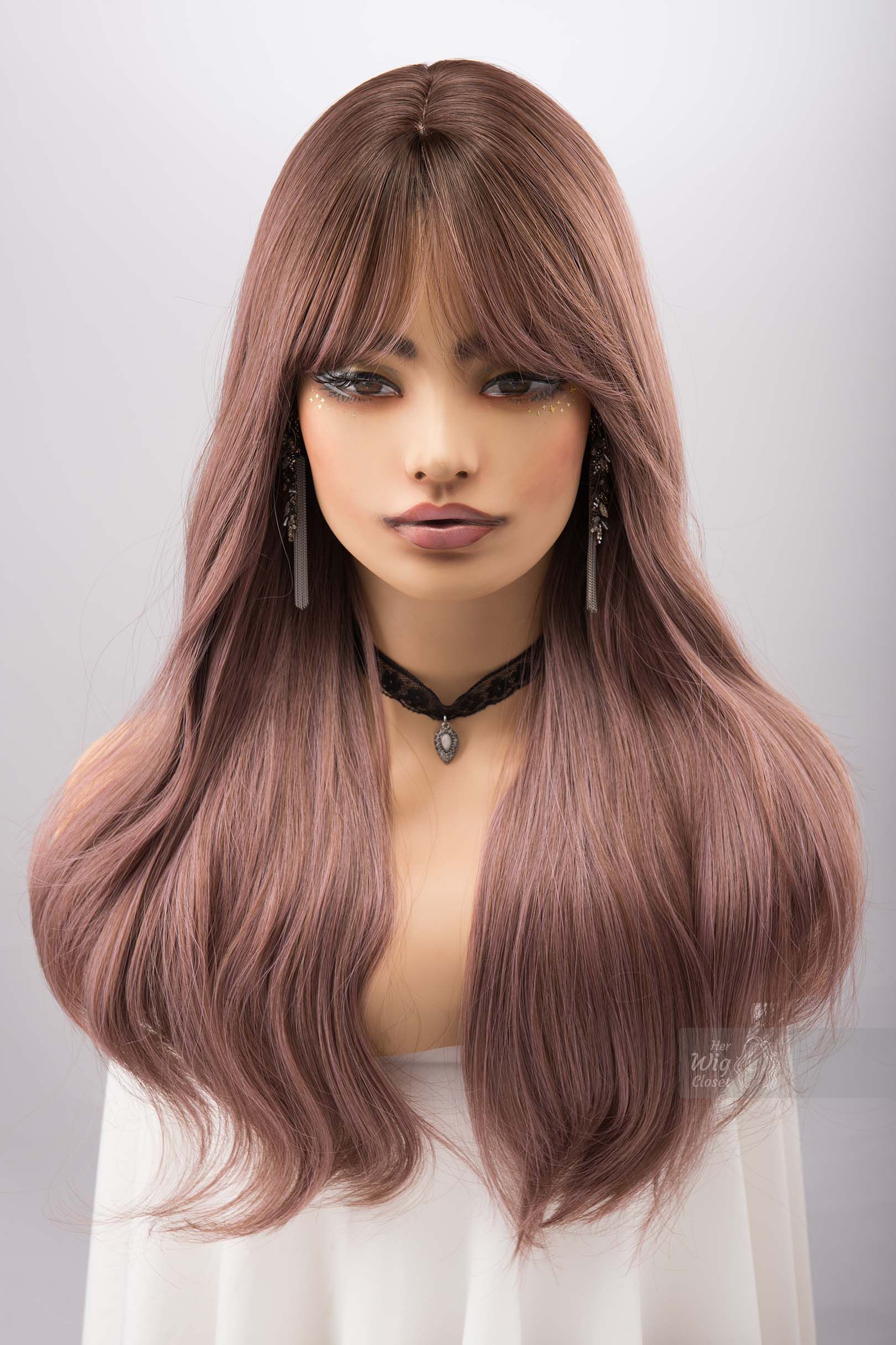 Dusty Pink Smokey Blush Pink Wig with Bangs Synthetic Wig Rora sold by Her Wig Closet product image thumbnail 2