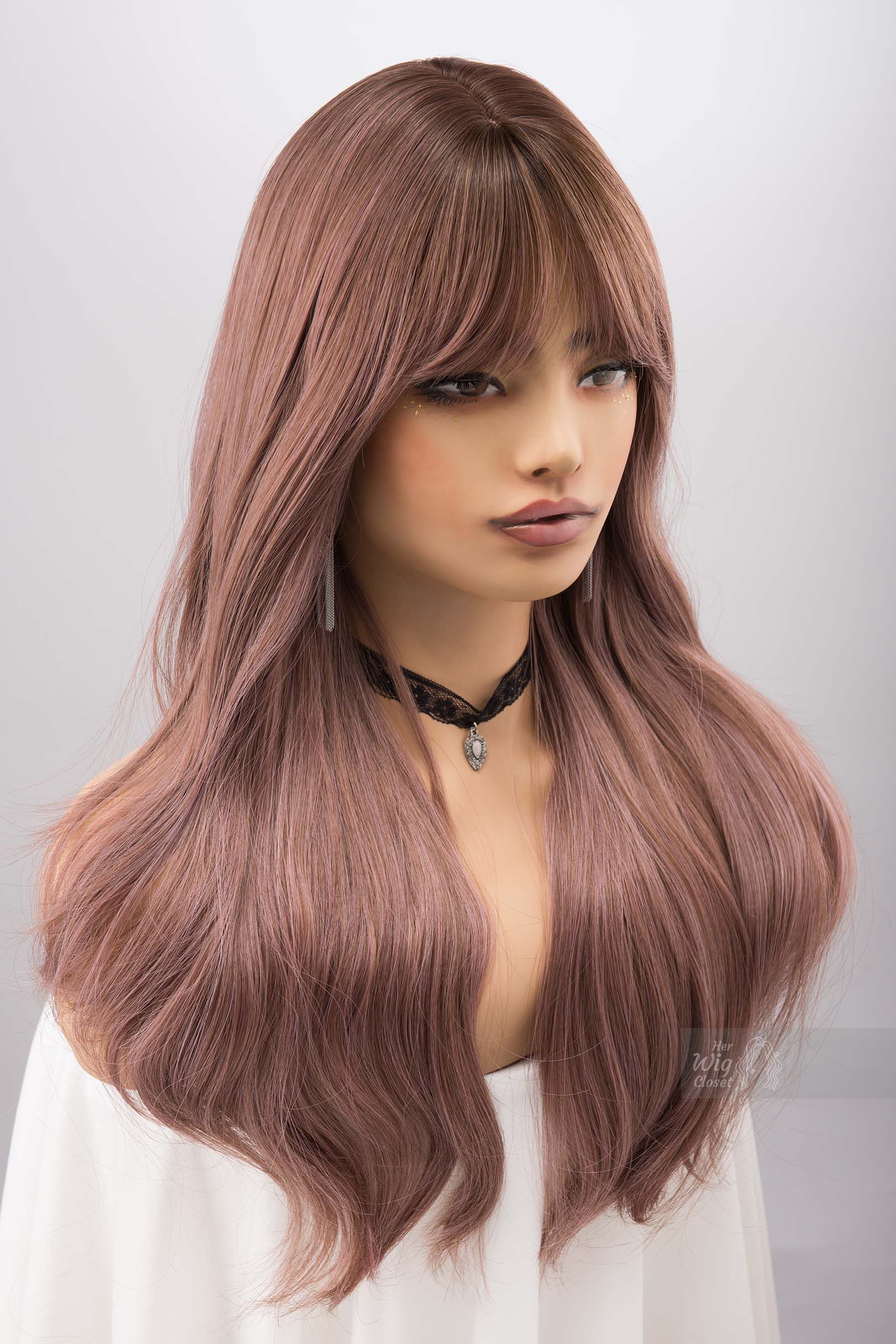 Dusty Pink Smokey Blush Pink Wig with Bangs Synthetic Wig Rora sold by Her Wig Closet