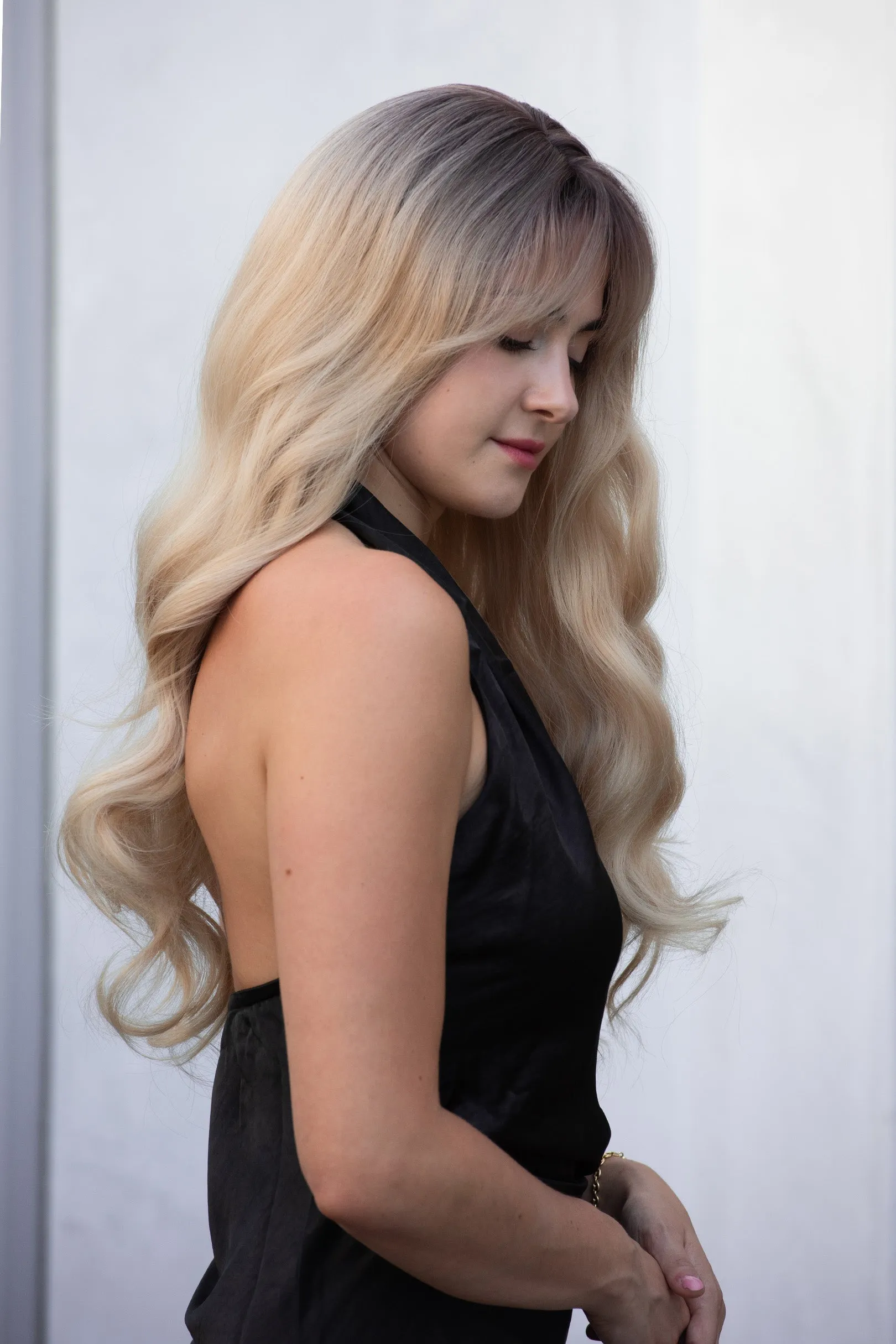 Light Blonde Wig with Bangs Long Wavy Wig with Dark Roots Kenna sold by Her Wig Closet