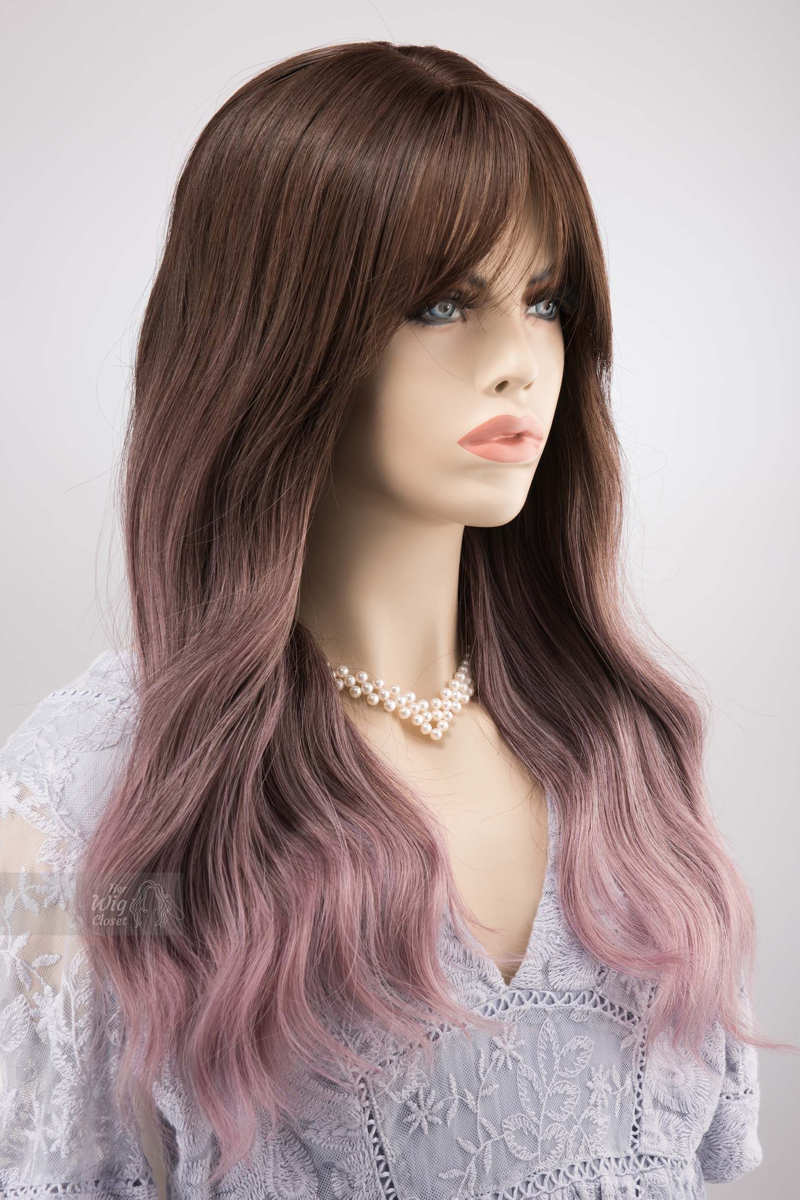 Brown Purple Ombre Wavy Wig with Bangs Synthetic Wig Lilian sold by Her Wig Closet