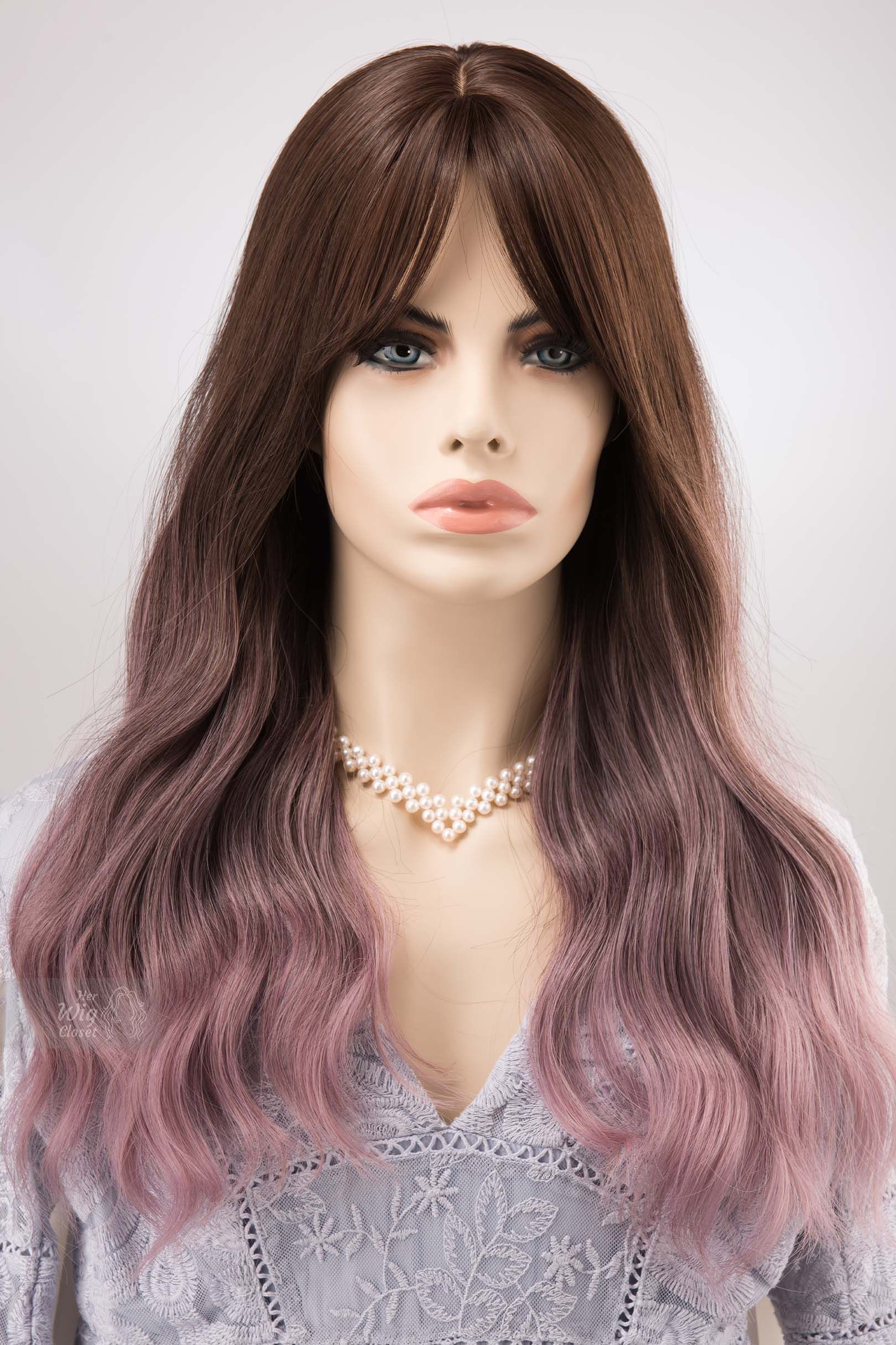Brown Purple Ombre Wavy Wig with Bangs Synthetic Wig Lilian sold by Her Wig Closet product image thumbnail 3
