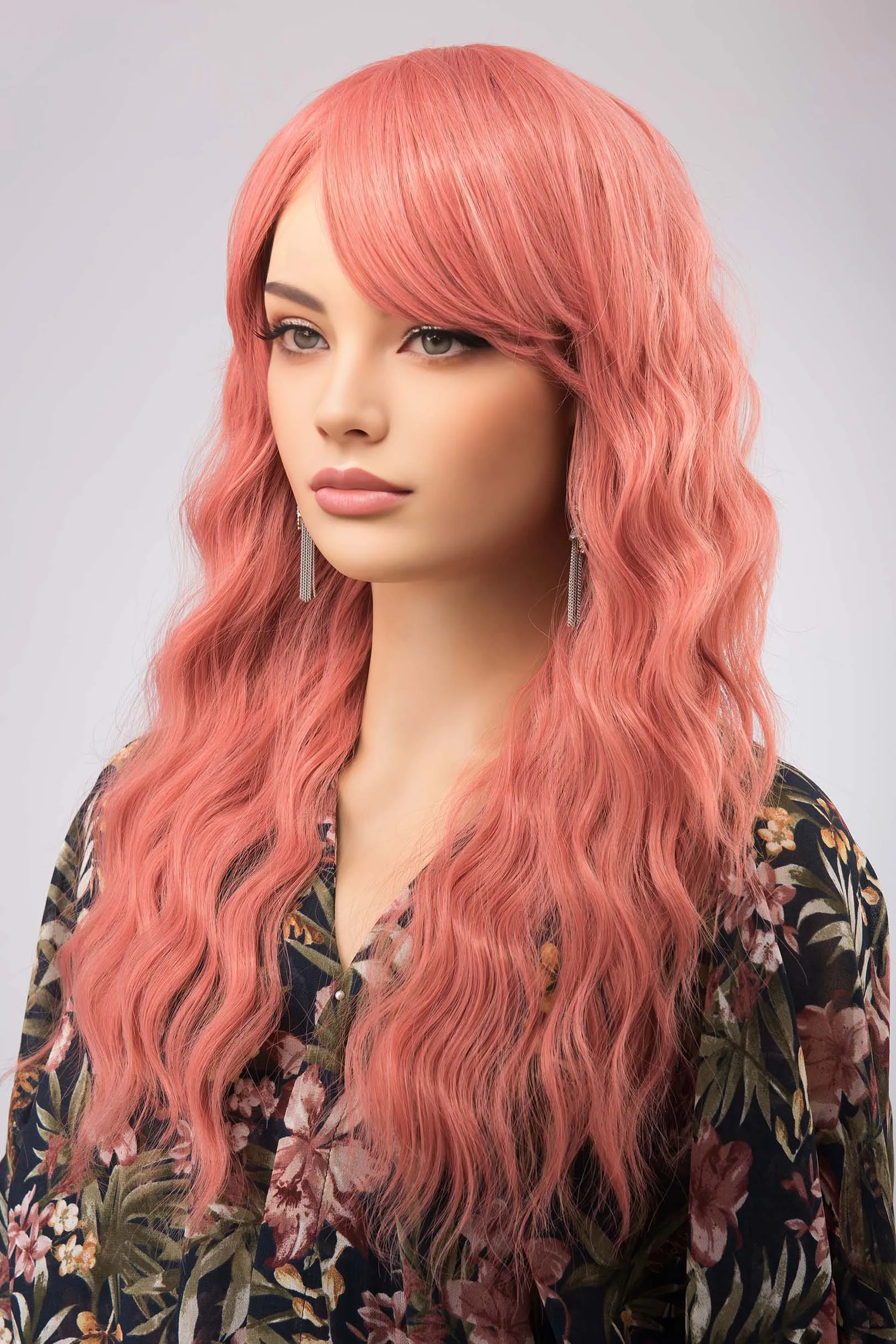 Coral Pastel Pink Wavy Synthetic Wig with Bangs Meera sold by Her Wig Closet product image thumbnail 5