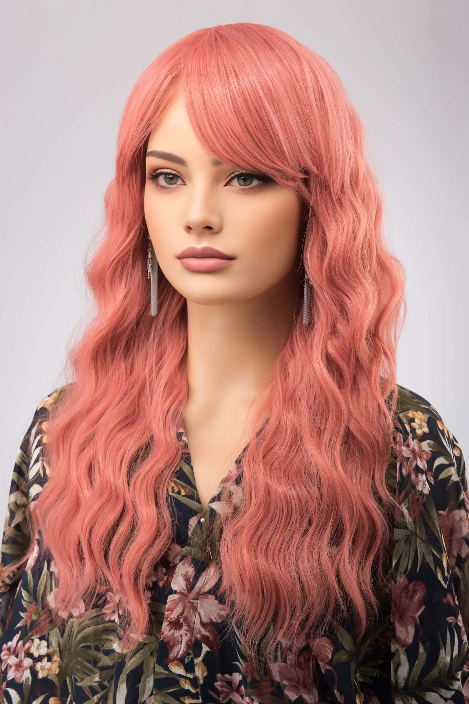 Coral Pastel Pink Wavy Synthetic Wig with Bangs Meera sold by Her Wig Closet product image thumbnail 4