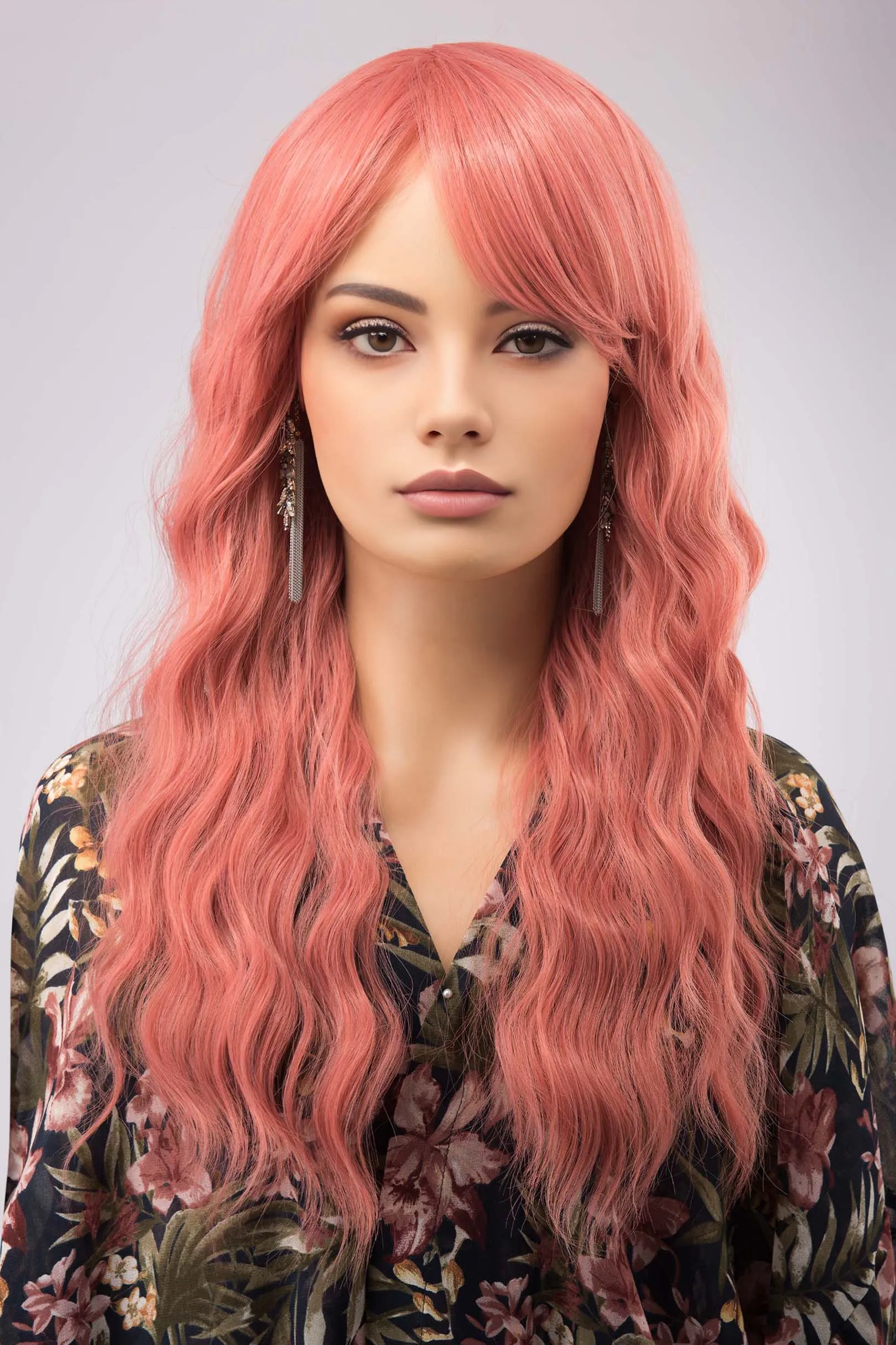 Coral Pastel Pink Wavy Synthetic Wig with Bangs Meera sold by Her Wig Closet product image thumbnail 3