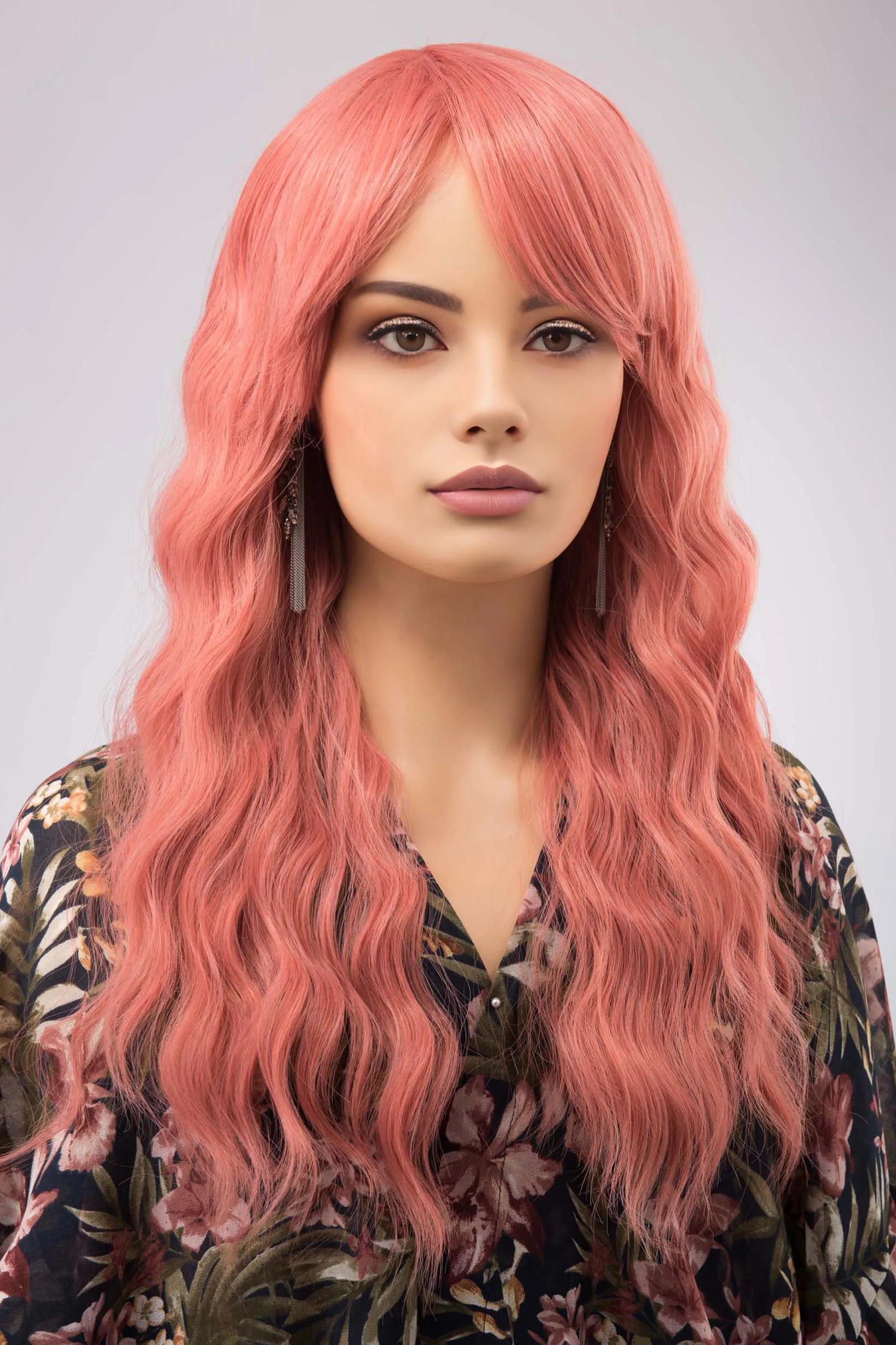 Coral Pastel Pink Wavy Synthetic Wig with Bangs Meera sold by Her Wig Closet