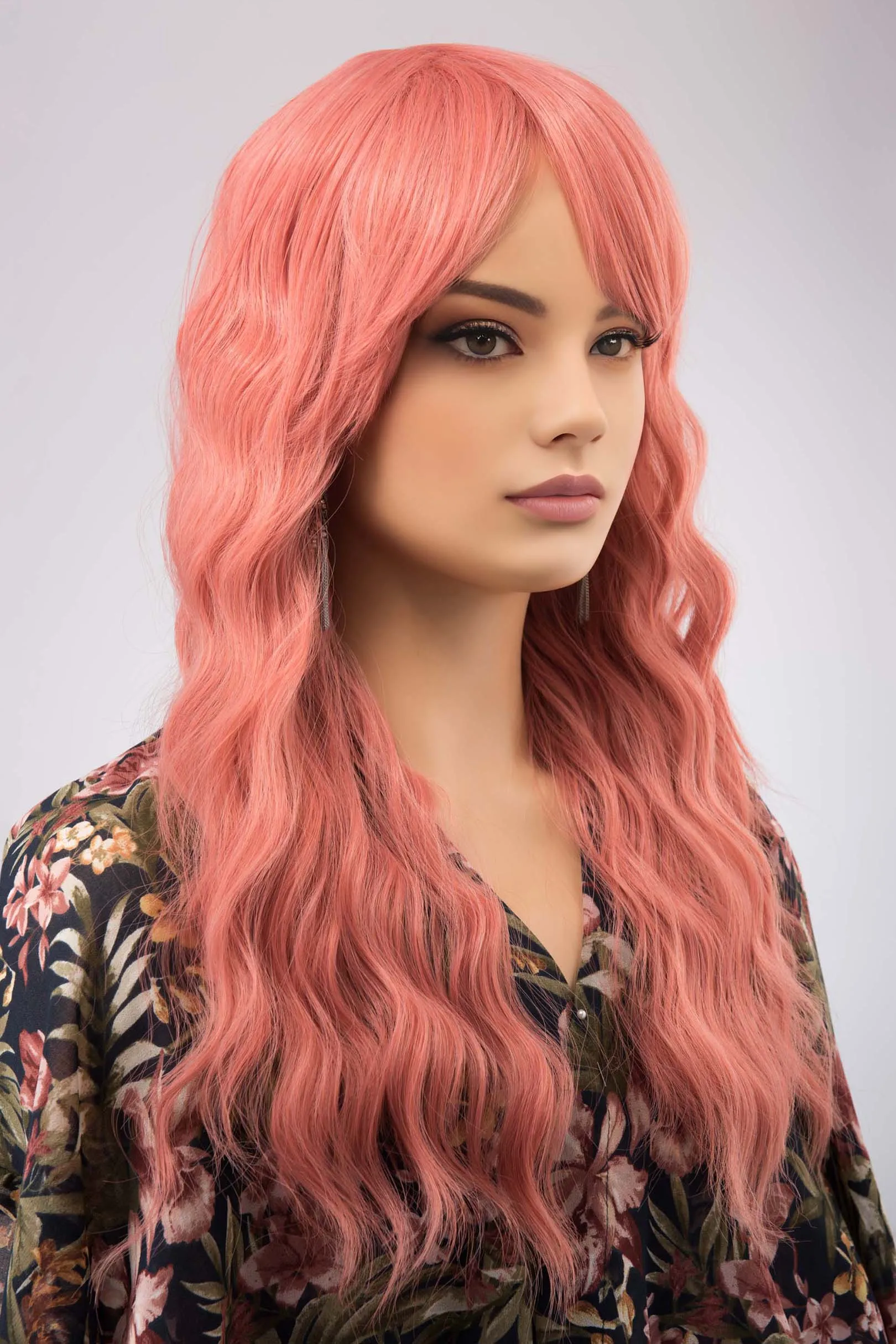 Coral Pastel Pink Wavy Synthetic Wig with Bangs Meera sold by Her Wig Closet product image thumbnail 2