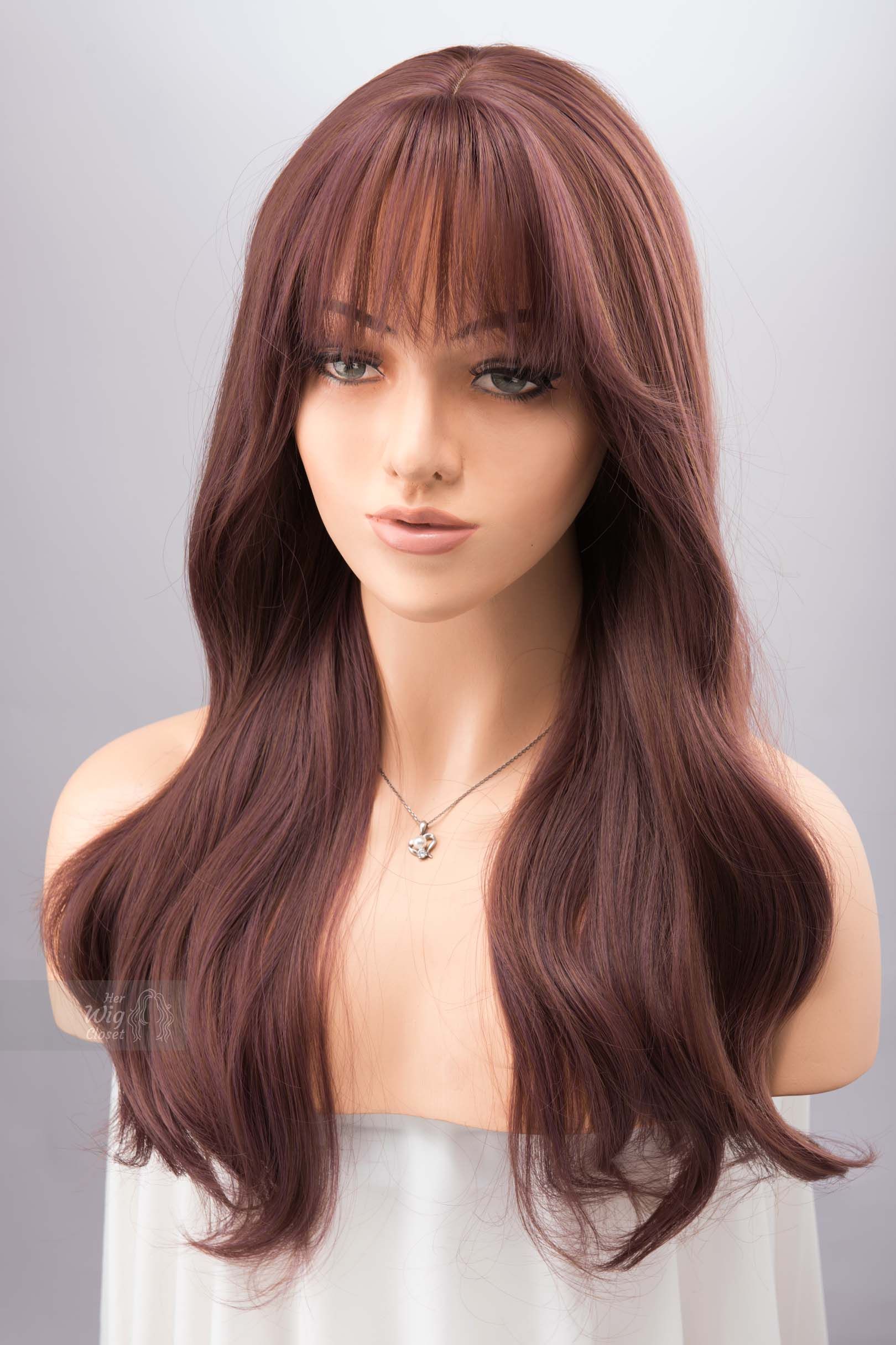 Smokey Dusty Rose Pink Wig with Bangs Wine Color Burgundy Hair Samira sold by Her Wig Closet product image thumbnail 4