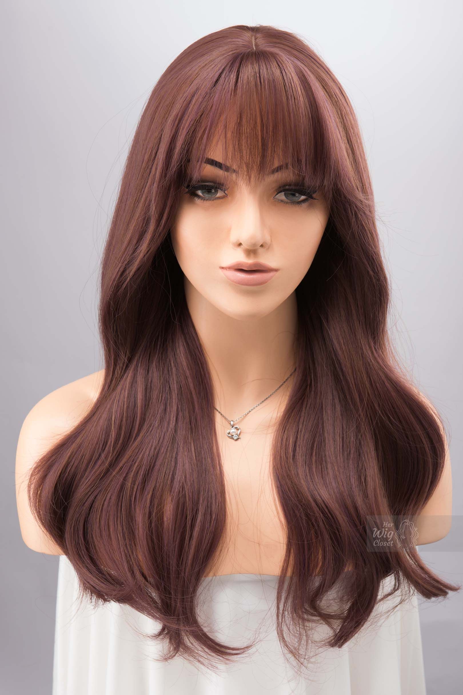 Smokey Dusty Rose Pink Wig with Bangs Wine Color Burgundy Hair Samira sold by Her Wig Closet product image thumbnail 3