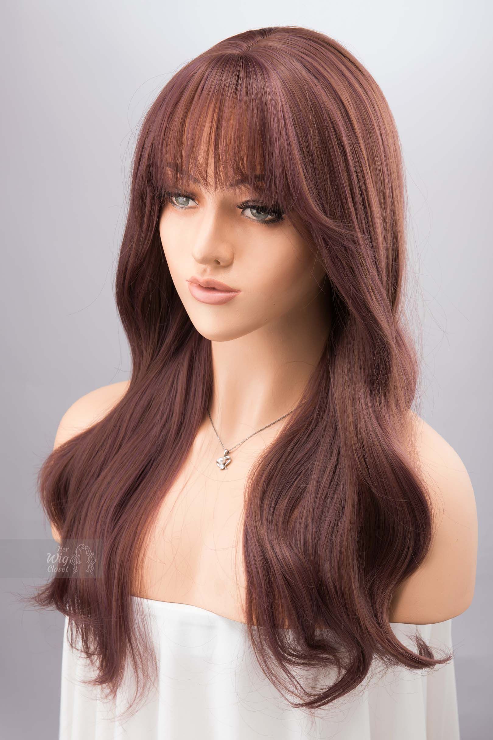 Smokey Dusty Rose Pink Wig with Bangs Wine Color Burgundy Hair Samira sold by Her Wig Closet product image thumbnail 5