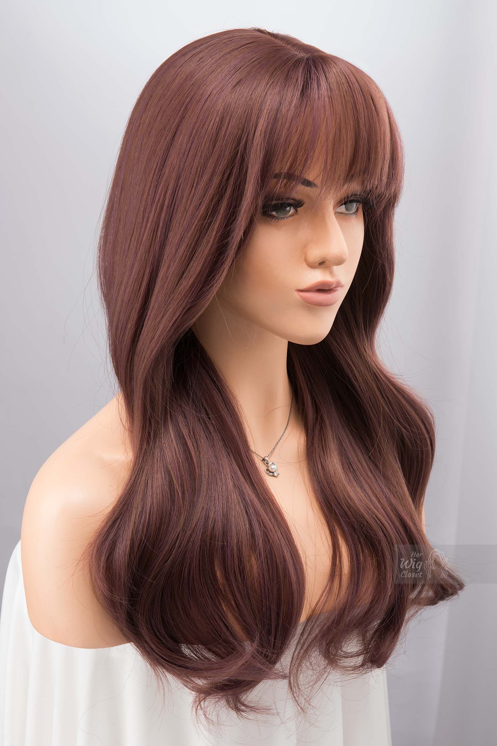 Smokey Dusty Rose Pink Wig with Bangs Wine Color Burgundy Hair Samira sold by Her Wig Closet product image thumbnail 2