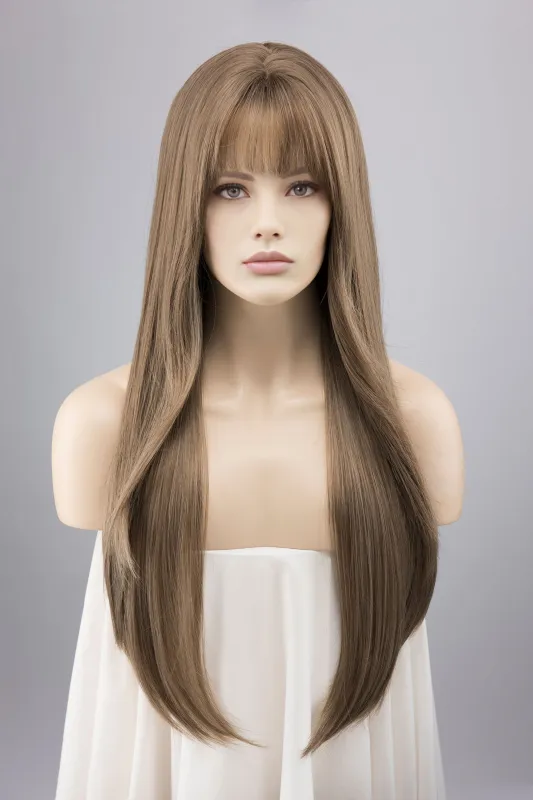 Ash Medium Brown Wig with Curtain Bangs Elena sold by Her Wig Closet
