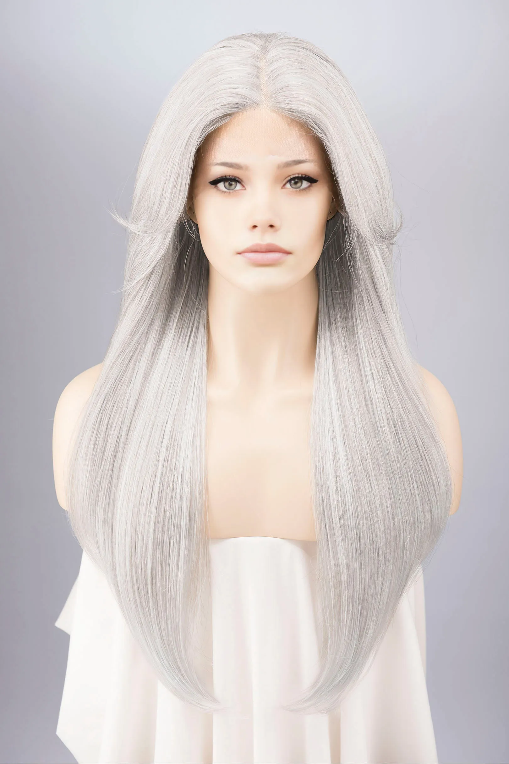 Silver White Straight Lace Front Synthetic Wig with Curtain Bangs Onida Silver sold by Her Wig Closet product image thumbnail 2