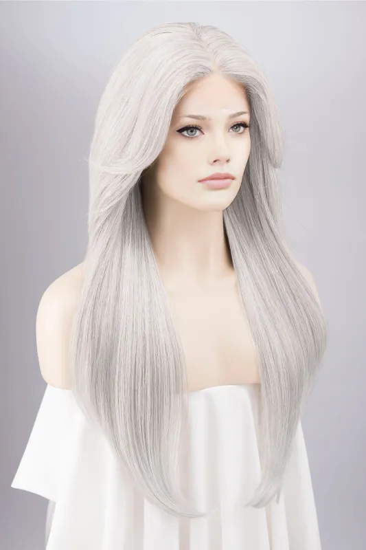 Silver White Straight Lace Front Synthetic Wig with Curtain Bangs Onida Silver made by Her Wig Closet