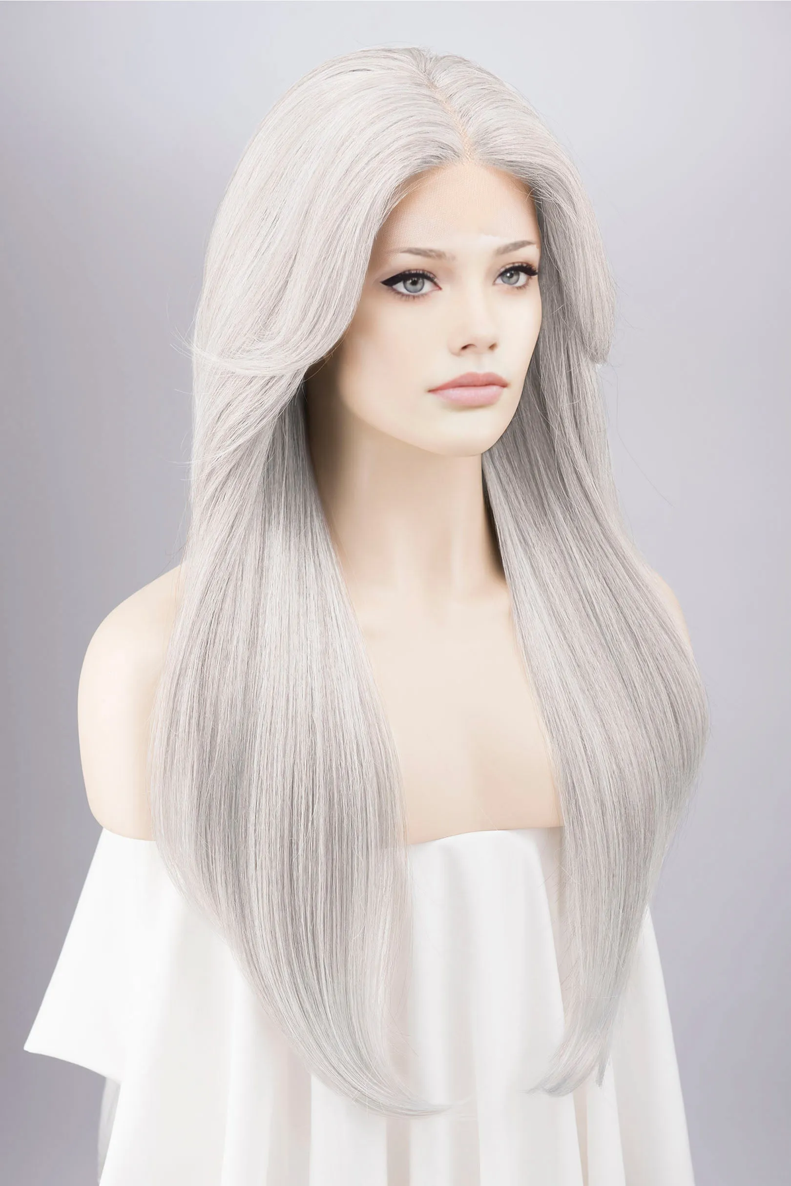 Silver White Straight Lace Front Synthetic Wig with Curtain Bangs Onida Silver sold by Her Wig Closet