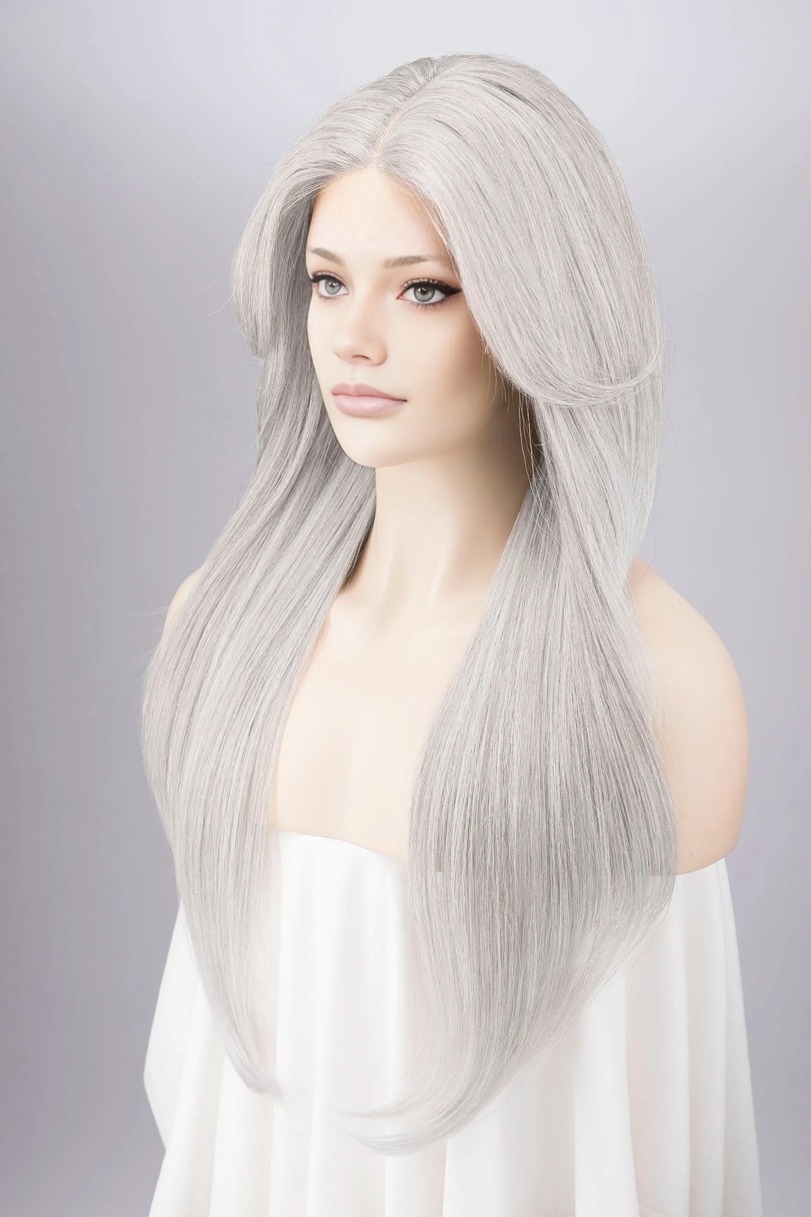 Silver White Straight Lace Front Synthetic Wig with Curtain Bangs Onida Silver sold by Her Wig Closet product image thumbnail 3