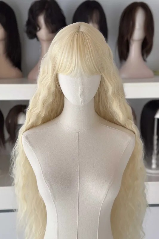 Icy Platinum Blonde Extra Long Wavy Wig with Bangs Luna made by Her Wig Closet