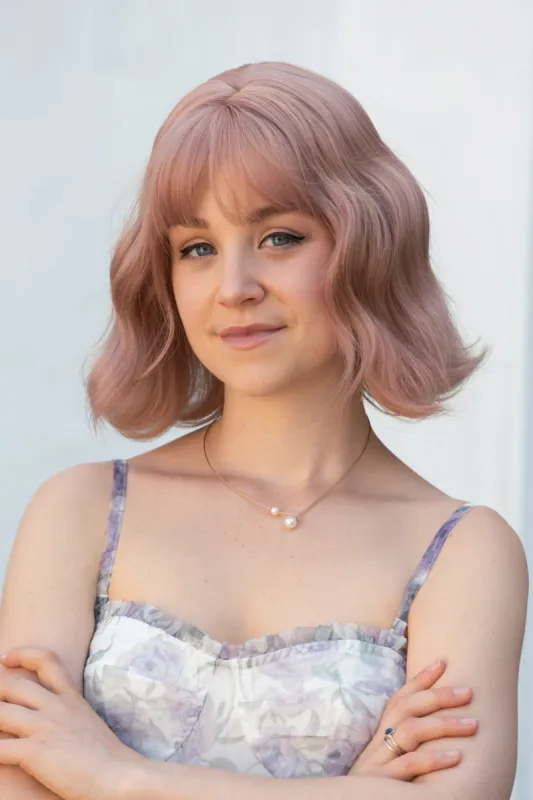 Ash Pink Wavy Synthetic Wig with Bangs Karter sold by Her Wig Closet