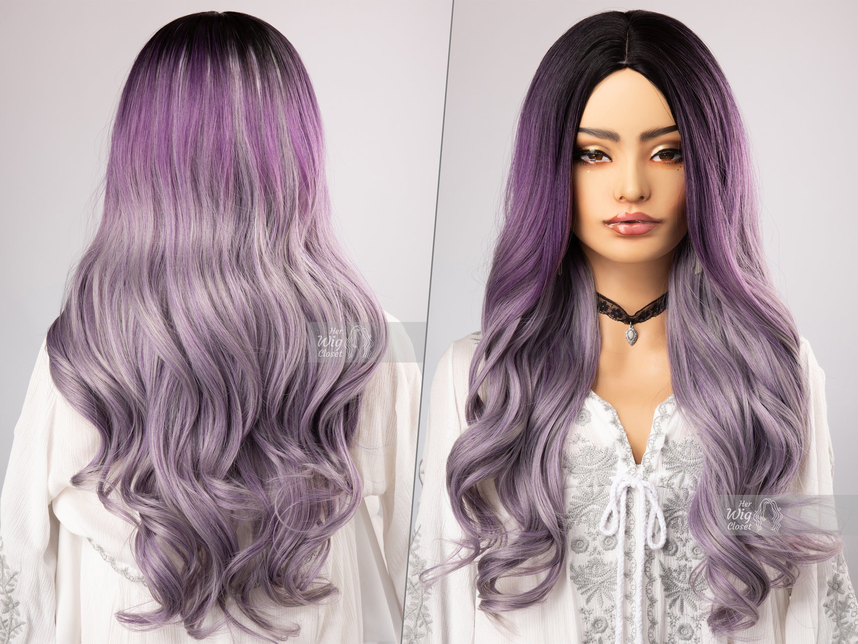 Lavender Purple with Grey Undertones Ombre Wig with Long Wavy Hair Her WIg Closet Vesta sold by Her Wig Closet product image thumbnail 9