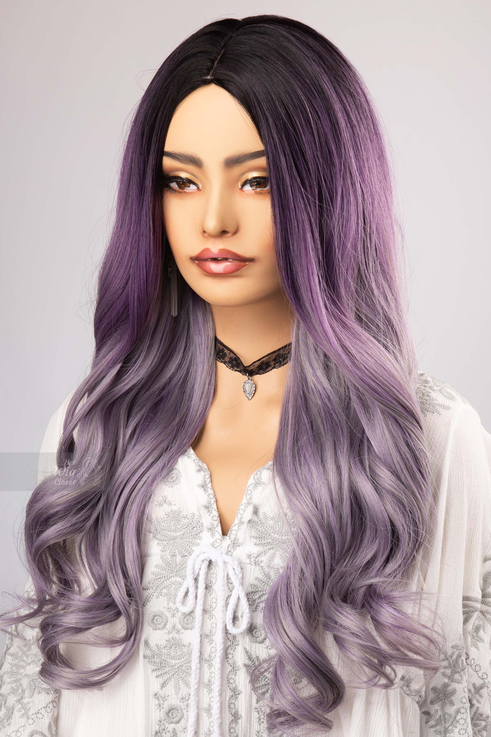 Lavender Purple with Grey Undertones Ombre Wig with Long Wavy Hair Her WIg Closet Vesta sold by Her Wig Closet product image thumbnail 2