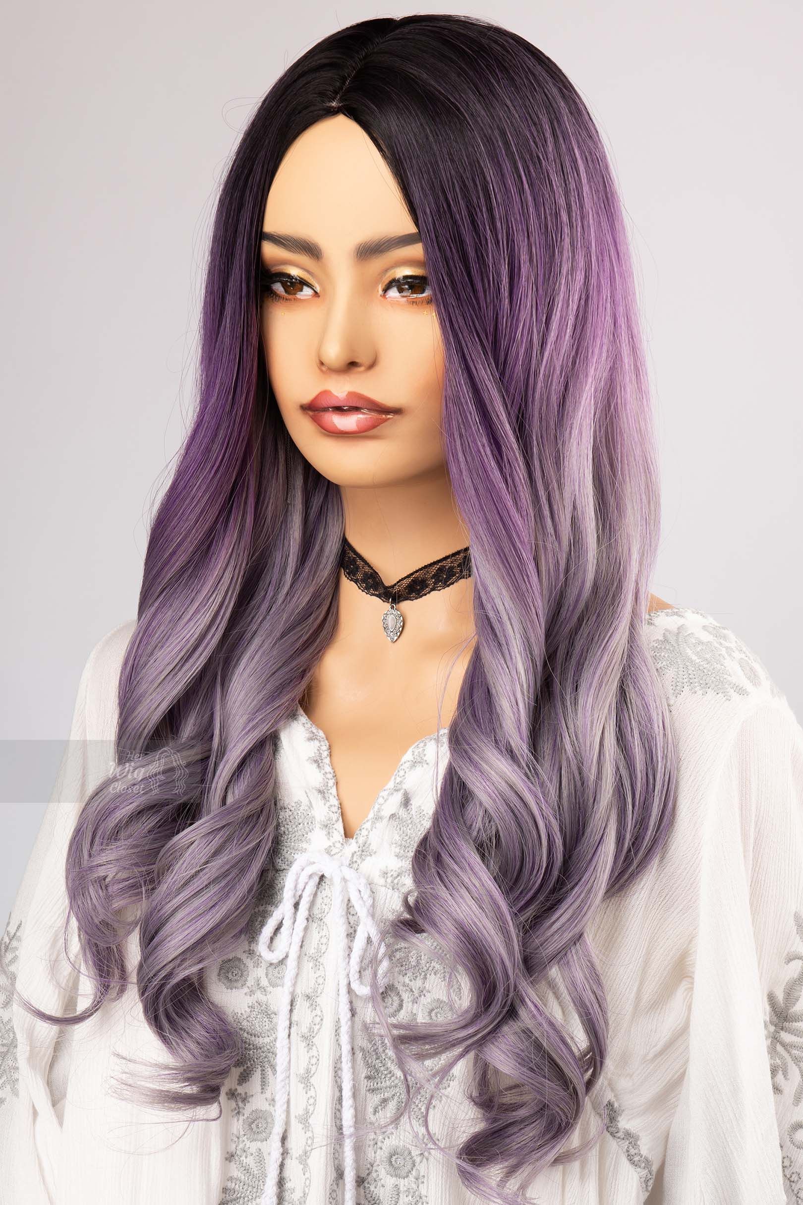 Lavender Purple with Grey Undertones Ombre Wig with Long Wavy Hair Her WIg Closet Vesta sold by Her Wig Closet product image thumbnail 3