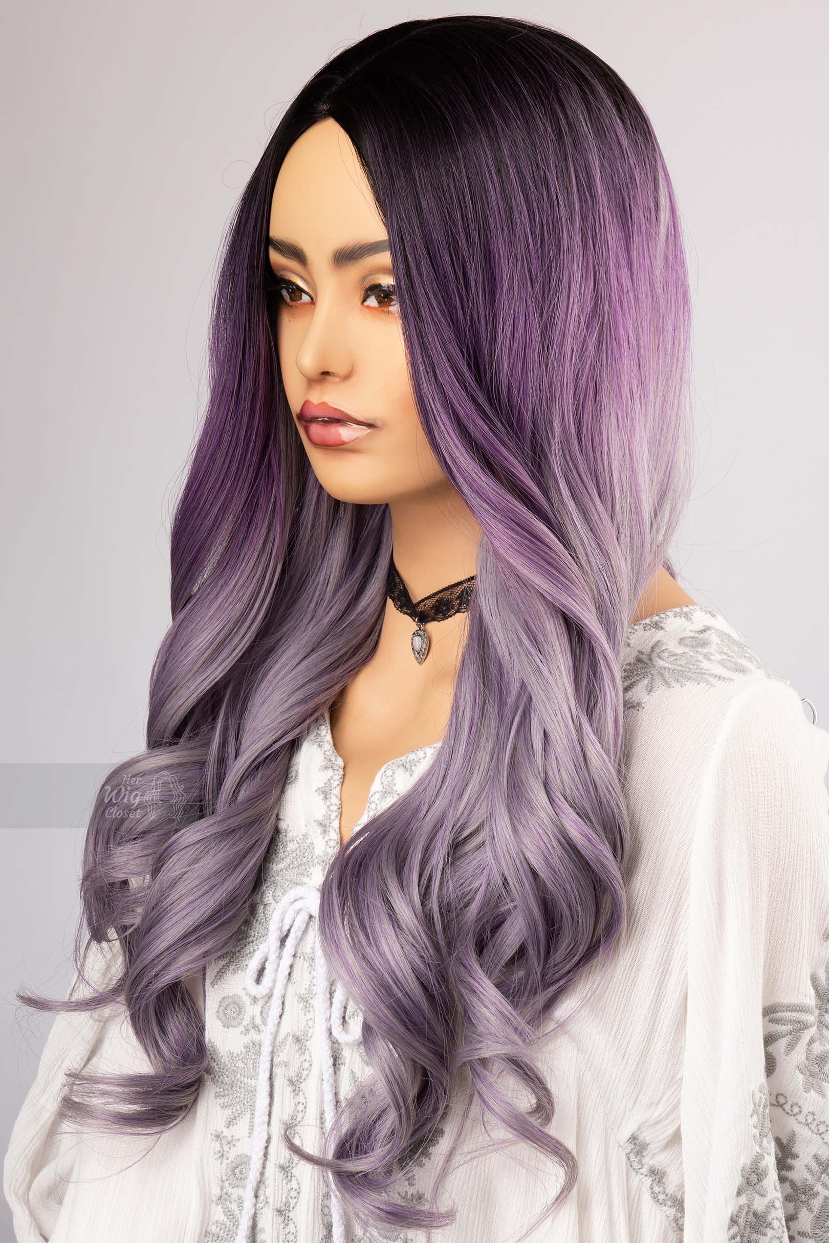Lavender Purple with Grey Undertones Ombre Wig with Long Wavy Hair Her WIg Closet Vesta sold by Her Wig Closet product image thumbnail 4