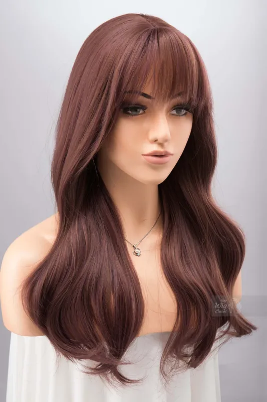 Smokey Dusty Rose Pink Wig with Bangs Wine Color Burgundy Hair Samira sold by Her Wig Closet