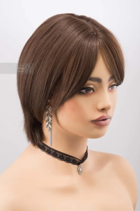 Brunette Short Pixie Cut Dark Brown Wig with Bangs Mina sold by Her Wig Closet