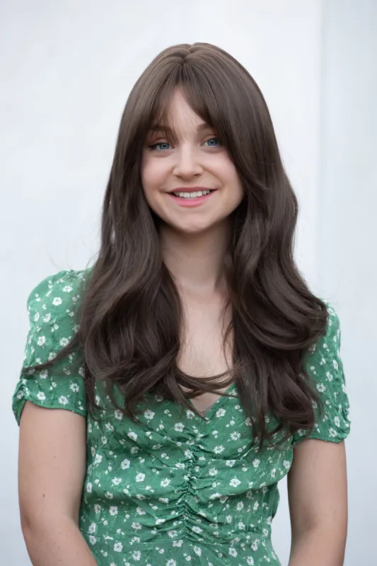 NATURAL BROWN WIG WITH BANGS WAVY BRUNETTE SYNTHETIC WIG GINA sold by Her Wig Closet