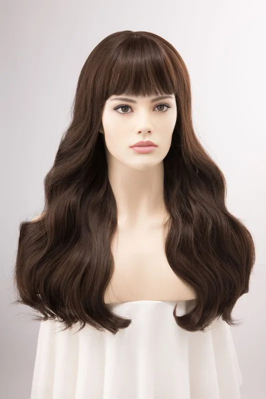 Dark Brown Wig with Bangs Brunette Wavy Long Wig Sana sold by Her Wig Closet