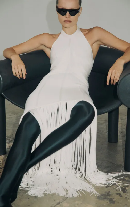 DRAPED WAIST HALTER FRINGE GOWN sold by Herve Leger