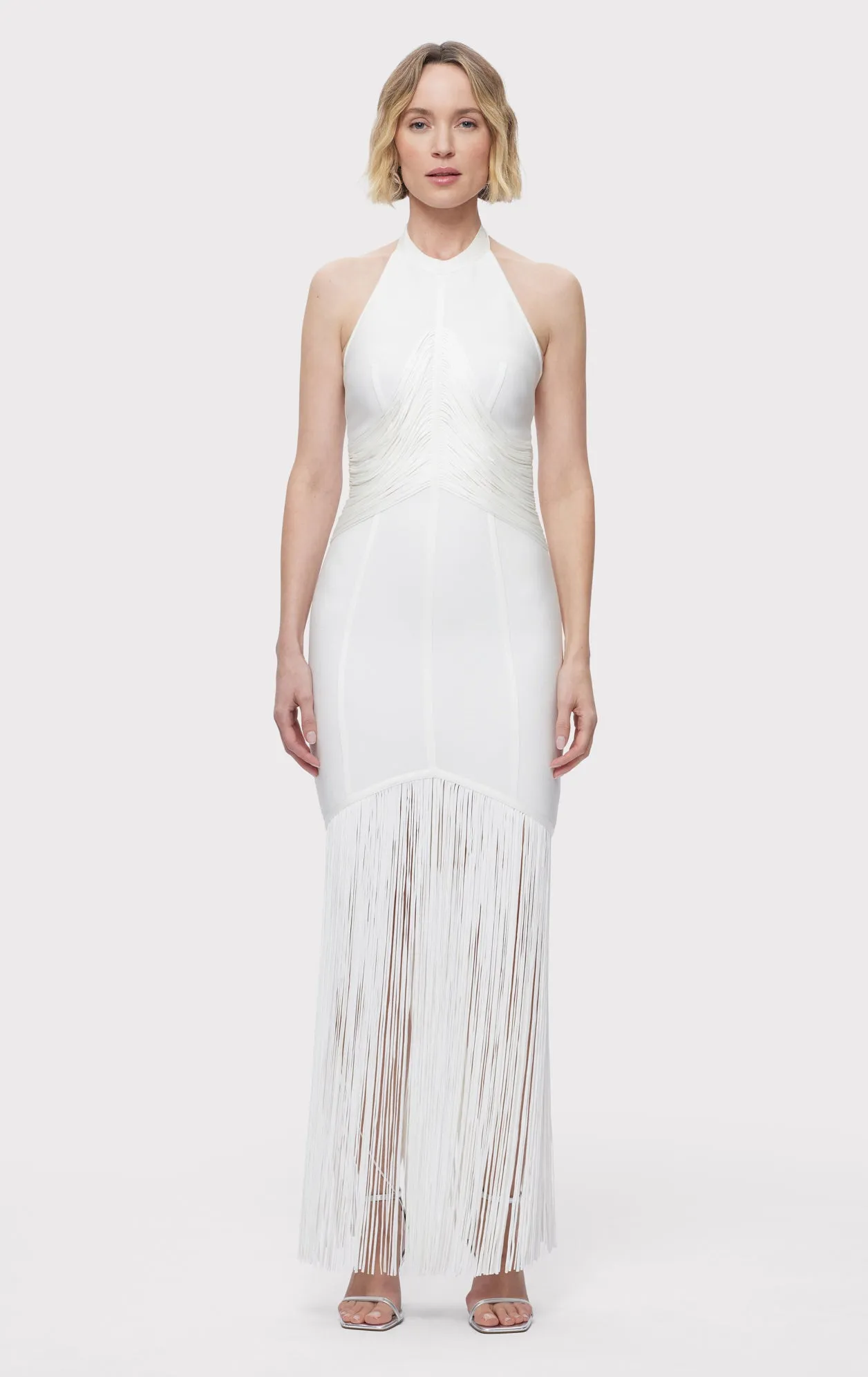 DRAPED WAIST HALTER FRINGE GOWN sold by Herve Leger product image thumbnail 2