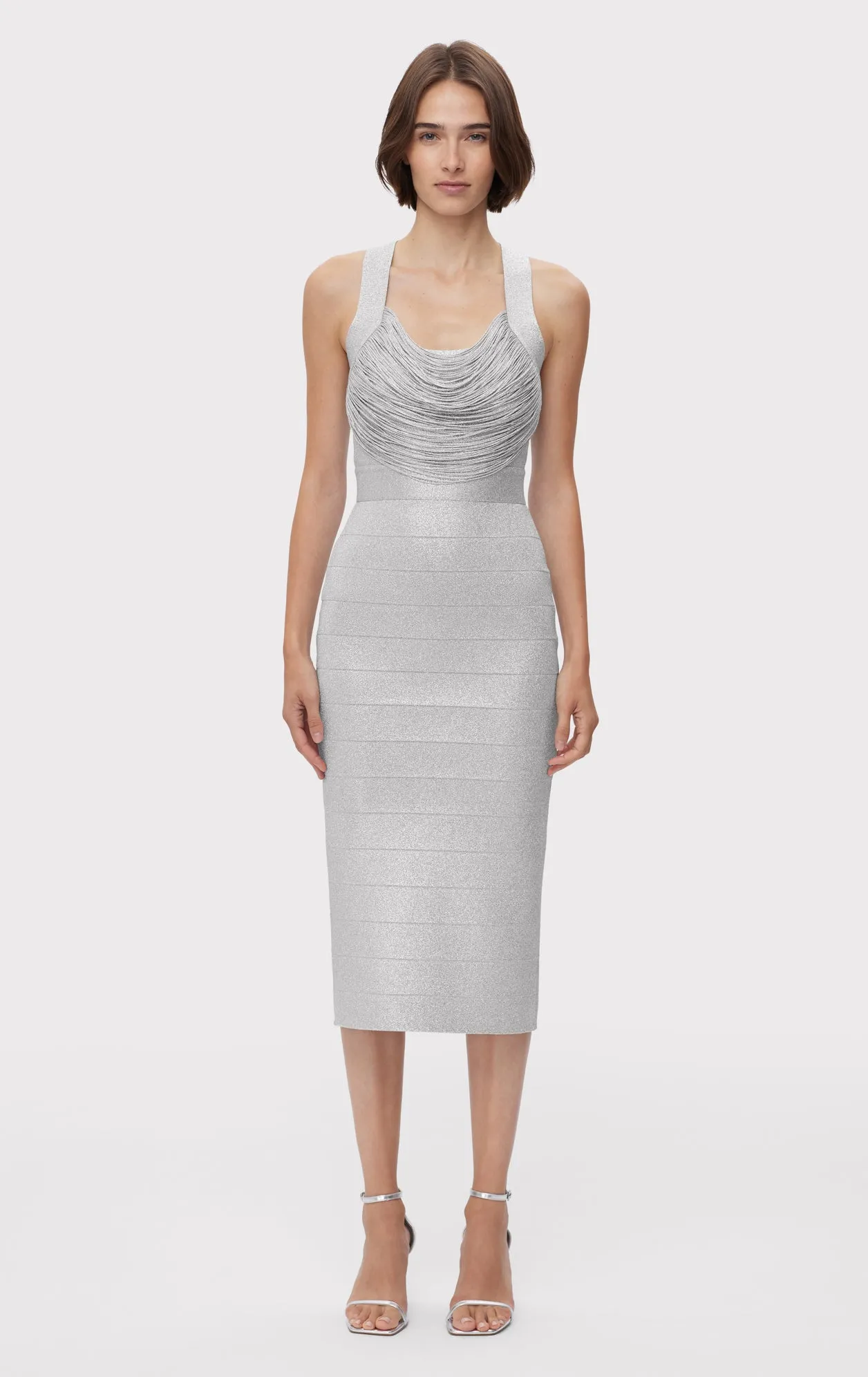 DISCO KNIT FRINGE S/L MIDI DRESS sold by Herve Leger