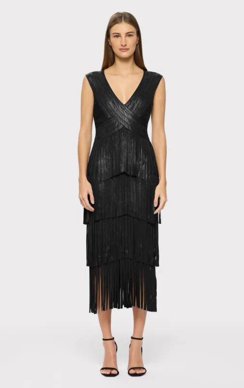 V NECK FOIL FRINGE MIDI DRESS sold by Herve Leger