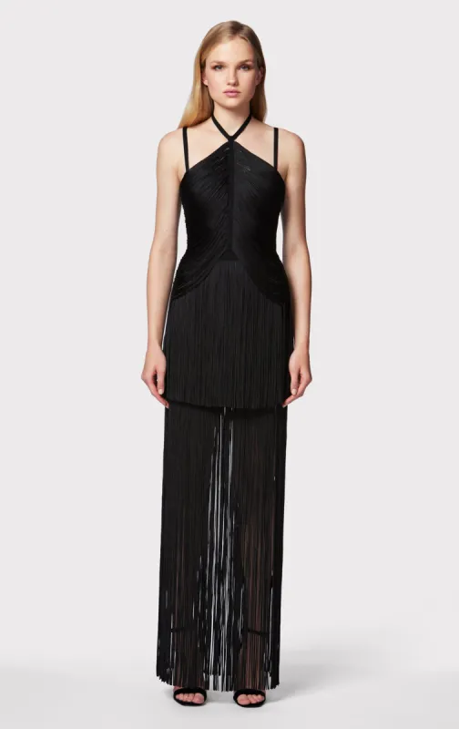 DRAPED FRINGE STRAPPY HALTER GOWN sold by Herve Leger