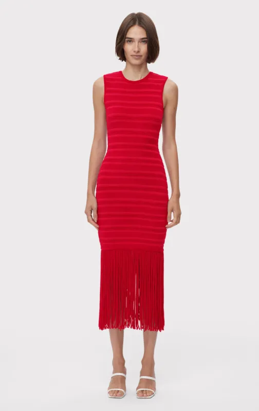 TEXTURED CHENILLE S/L FRINGE MIDI DRESS sold by Herve Leger