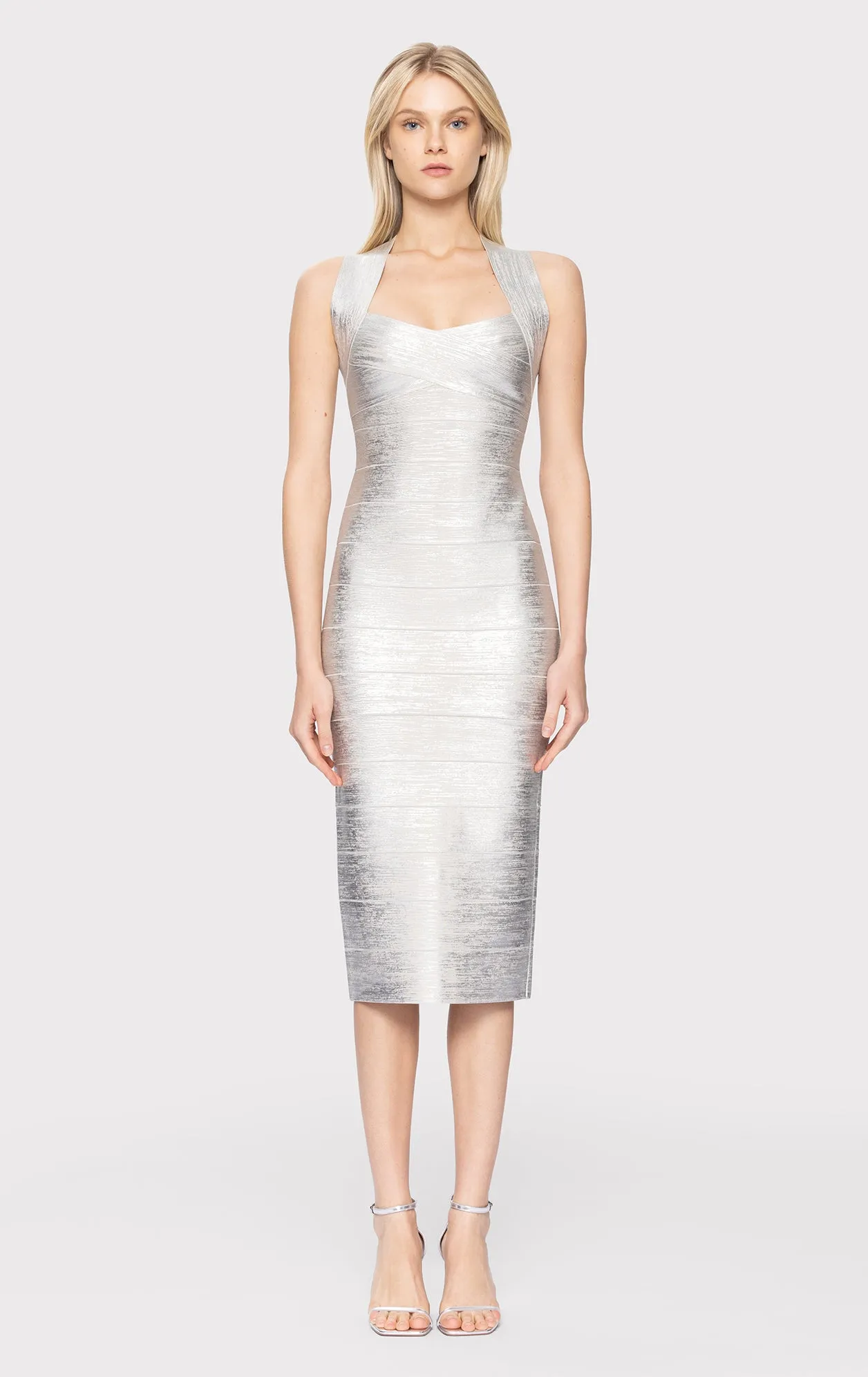 FOIL HALTER X-BACK MIDI DRESS sold by Herve Leger