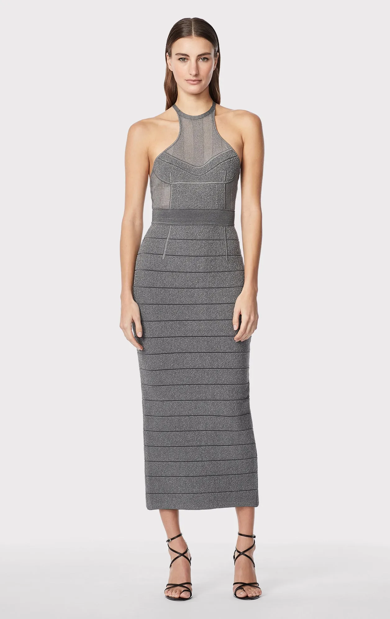 TEXTURED SHEER BUSTIER HALTER GOWN sold by Herve Leger