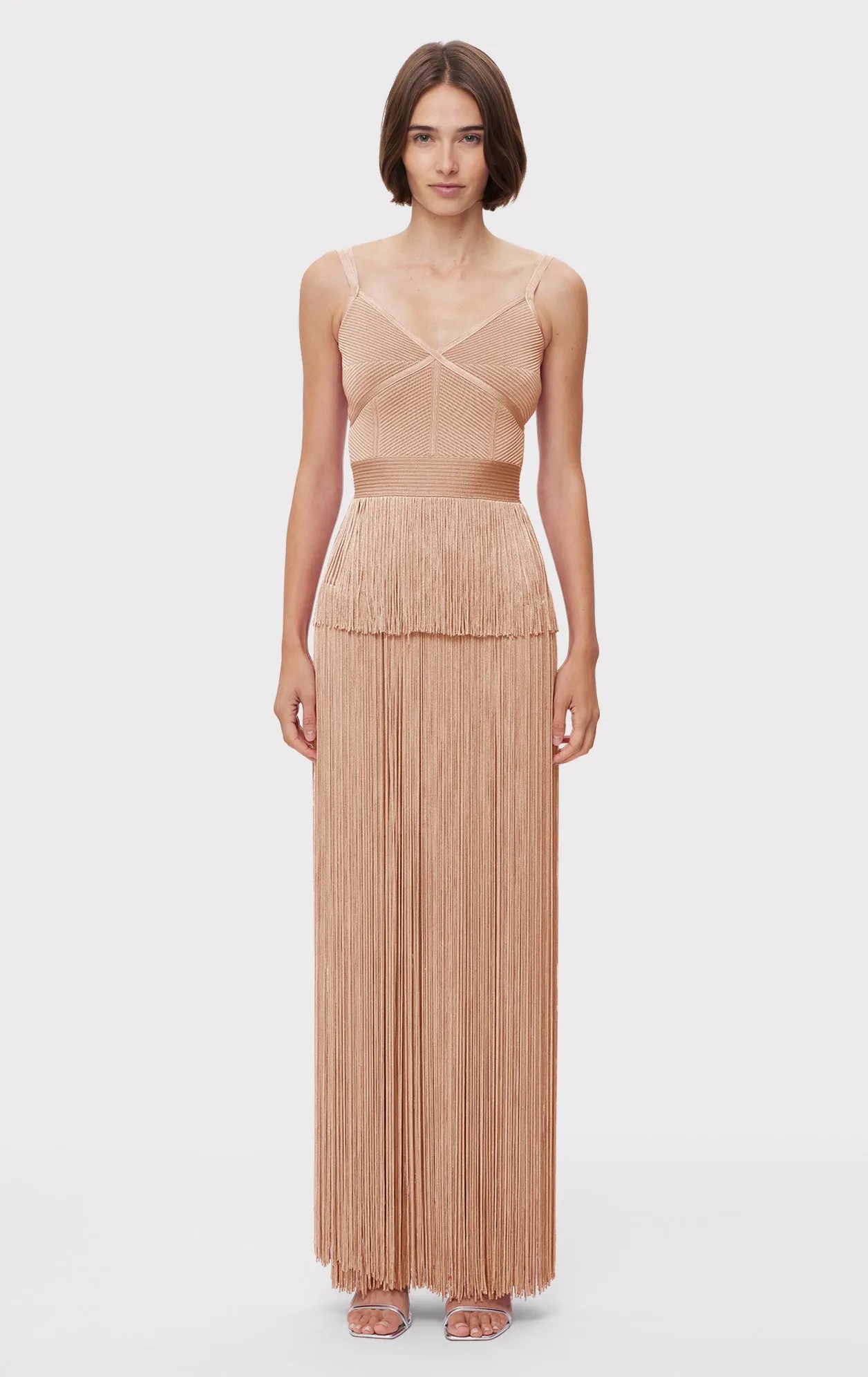 ICON METALLIC OTTOMAN FRINGE GOWN sold by Herve Leger