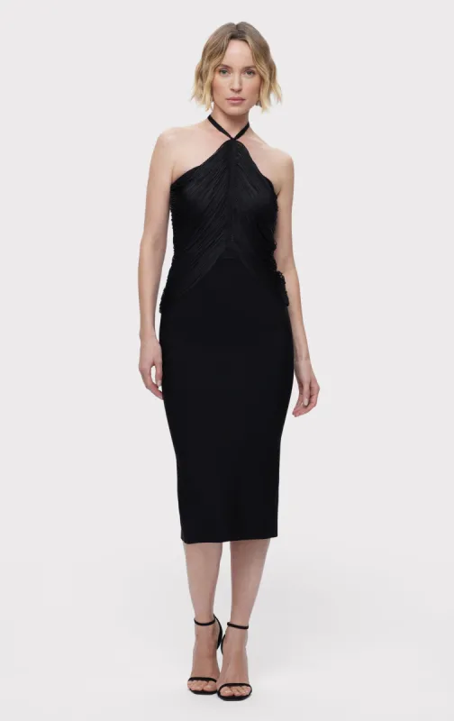DRAPED HALTER FRINGE MIDI DRESS sold by Herve Leger