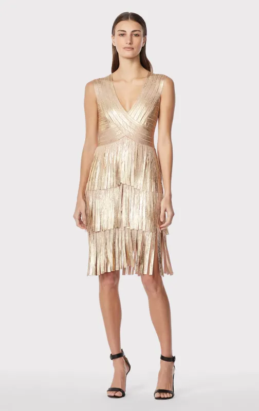 V NECK FOIL FRINGED MIDI DRESS sold by Herve Leger