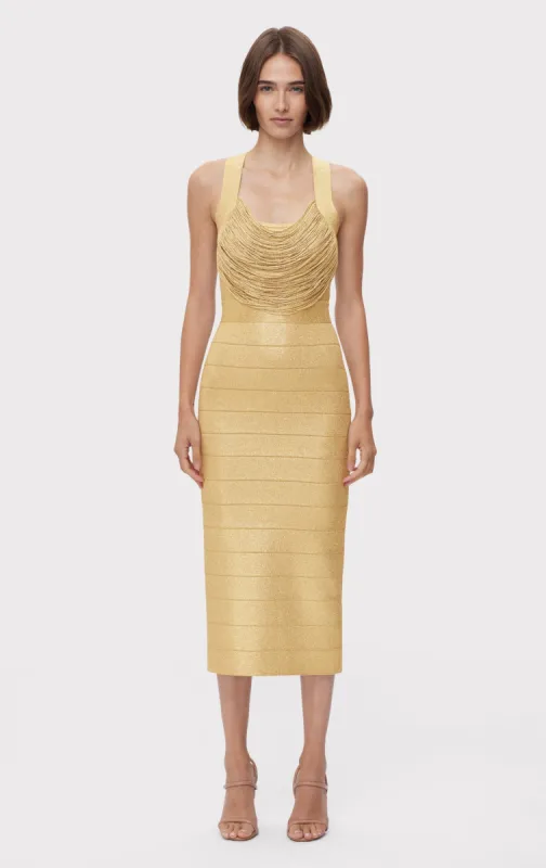 DISCO KNIT FRINGE S/L MIDI DRESS sold by Herve Leger