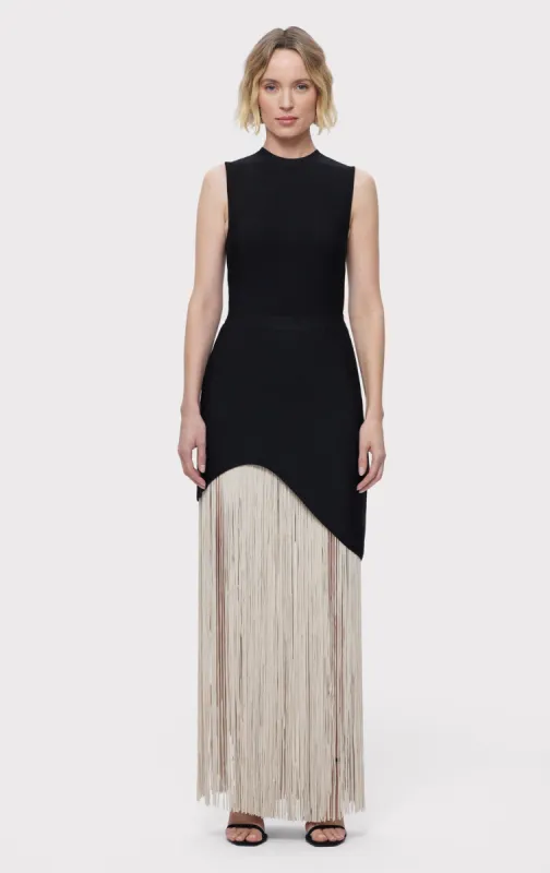 CREW NECK S/L ASYMMETRIC HEM FRINGE GOWN sold by Herve Leger