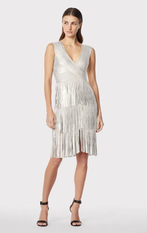 V NECK FOIL FRINGED MIDI DRESS sold by Herve Leger