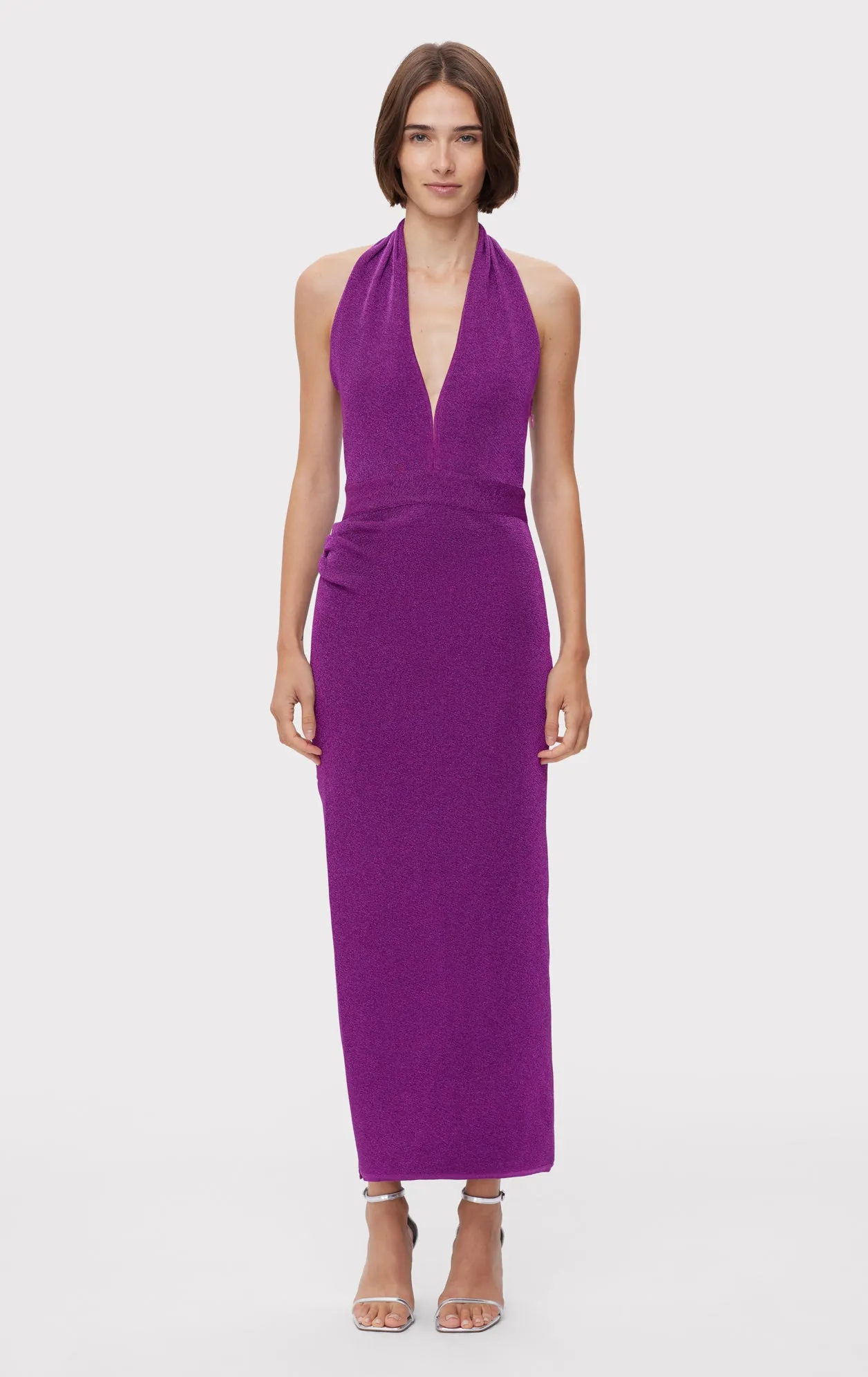 METALLIC HALTER PLUNGE GOWN sold by Herve Leger