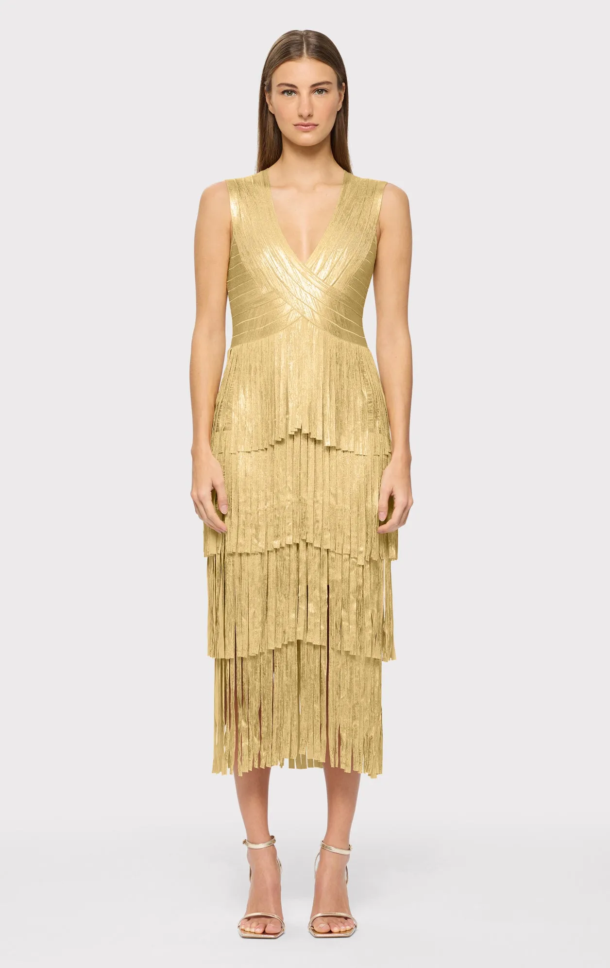 V NECK FOIL FRINGE MIDI DRESS sold by Herve Leger