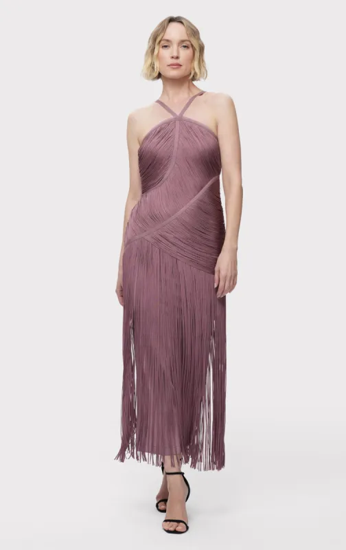 ASYMMETRIC DRAPED FRINGE HALTER GOWN sold by Herve Leger